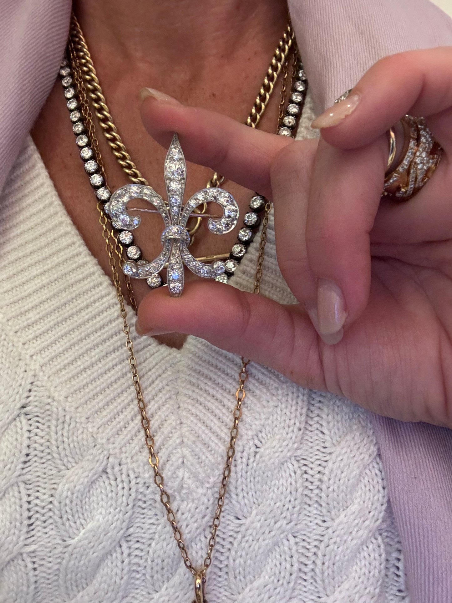 Antique Old Mine Cut Diamond Fleur de Lis Brooch