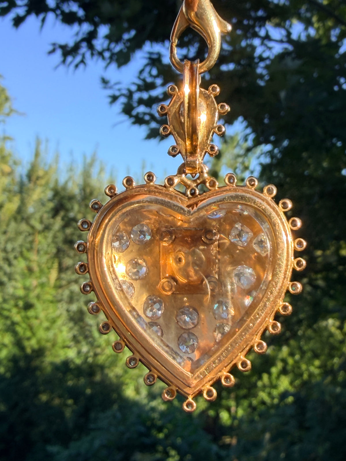 Antique Emerald, Diamond and Enamel Heart Pendant