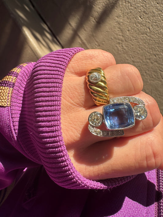 Art Deco Unheated Ceylon Sapphire and Diamond Cocktail Ring