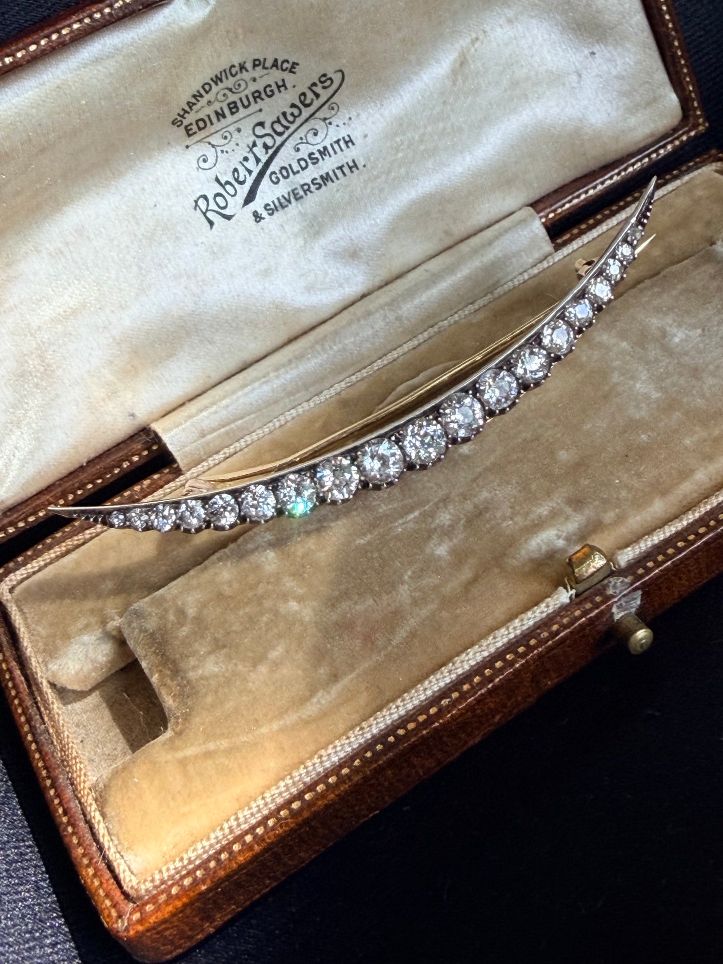 Victorian Old European Cut Diamond Crescent Brooch