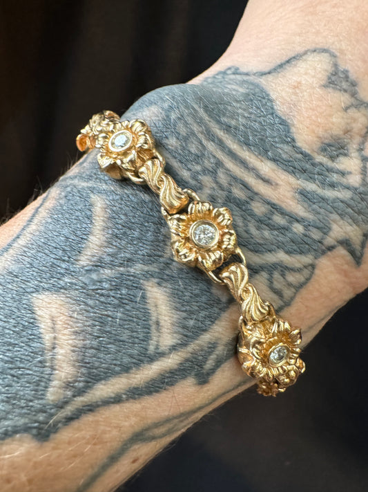 Vintage 14k Yellow Gold and Diamond Flower Bracelet