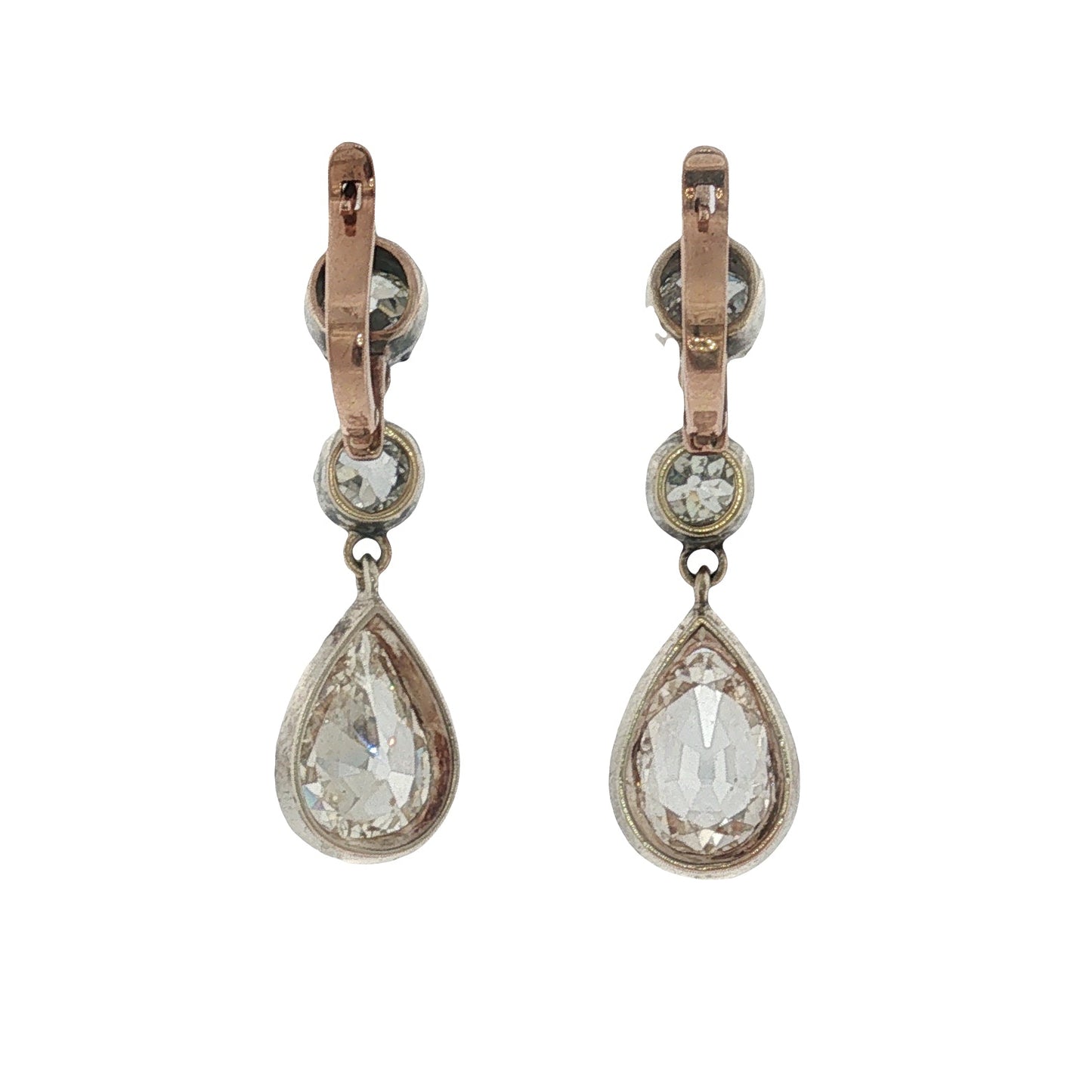 Antique Pear Cut and Old Mine Cut Diamond Drop Earrings