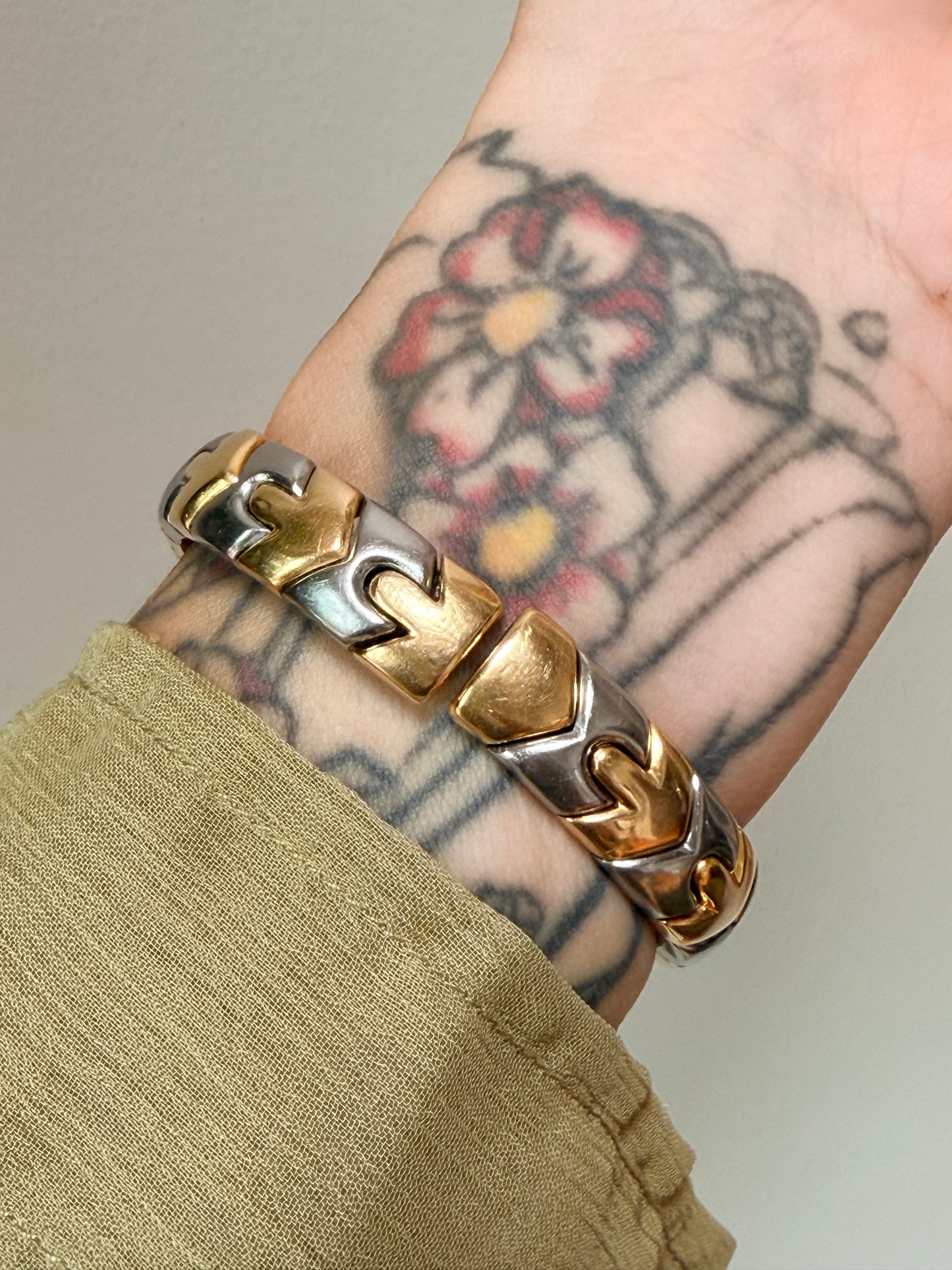 Vintage Bvlgari Gold and Steel Chevron Bracelet