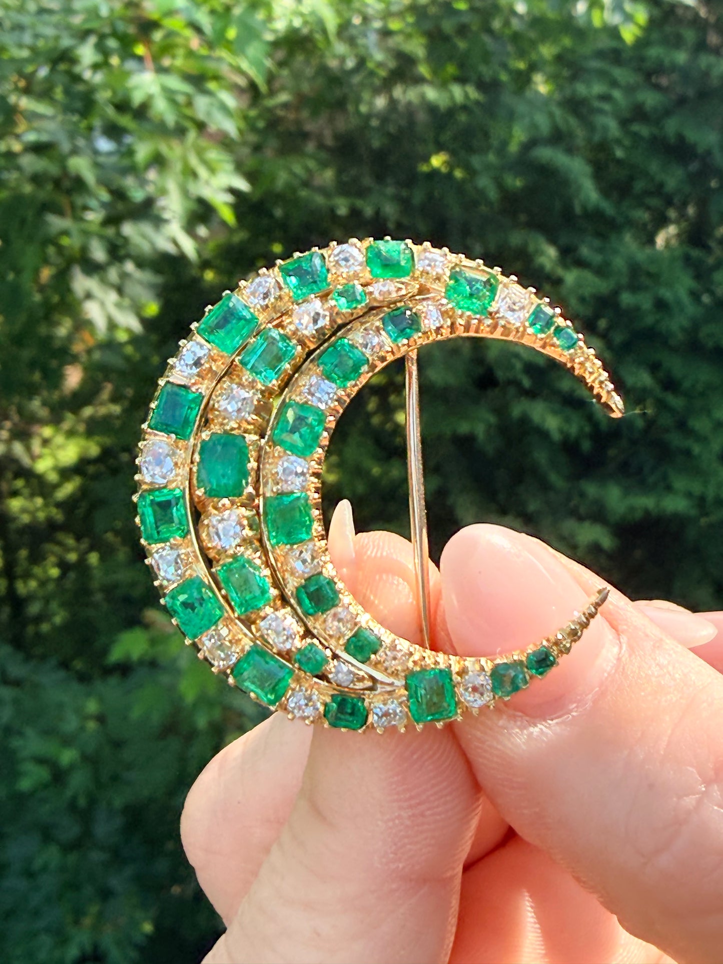 Victorian Colombian Emerald and Old Mine Cut Diamond Crescent Brooch