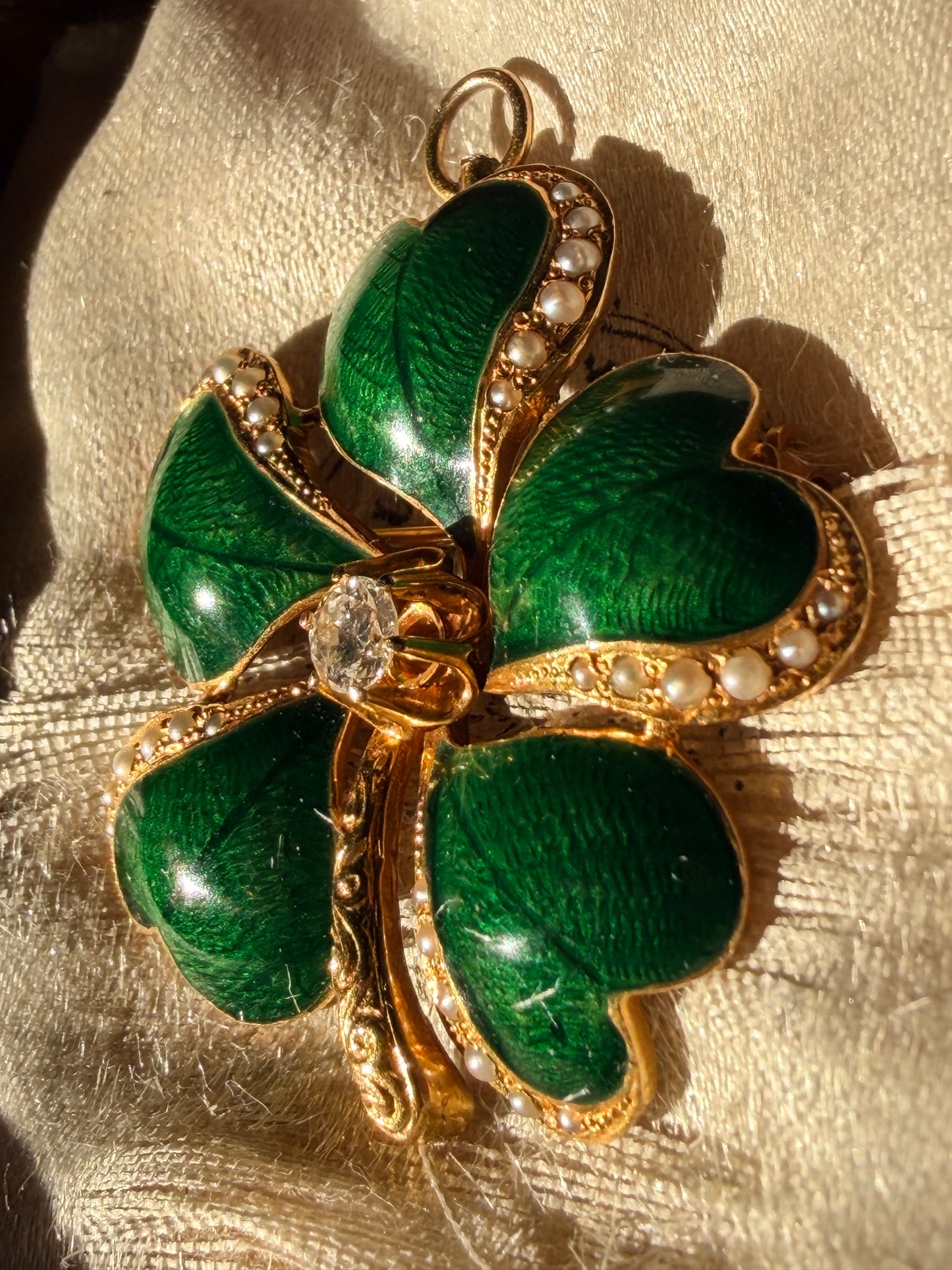 Victorian Green Enamel Five Leaf Clover Diamond Pendant Brooch