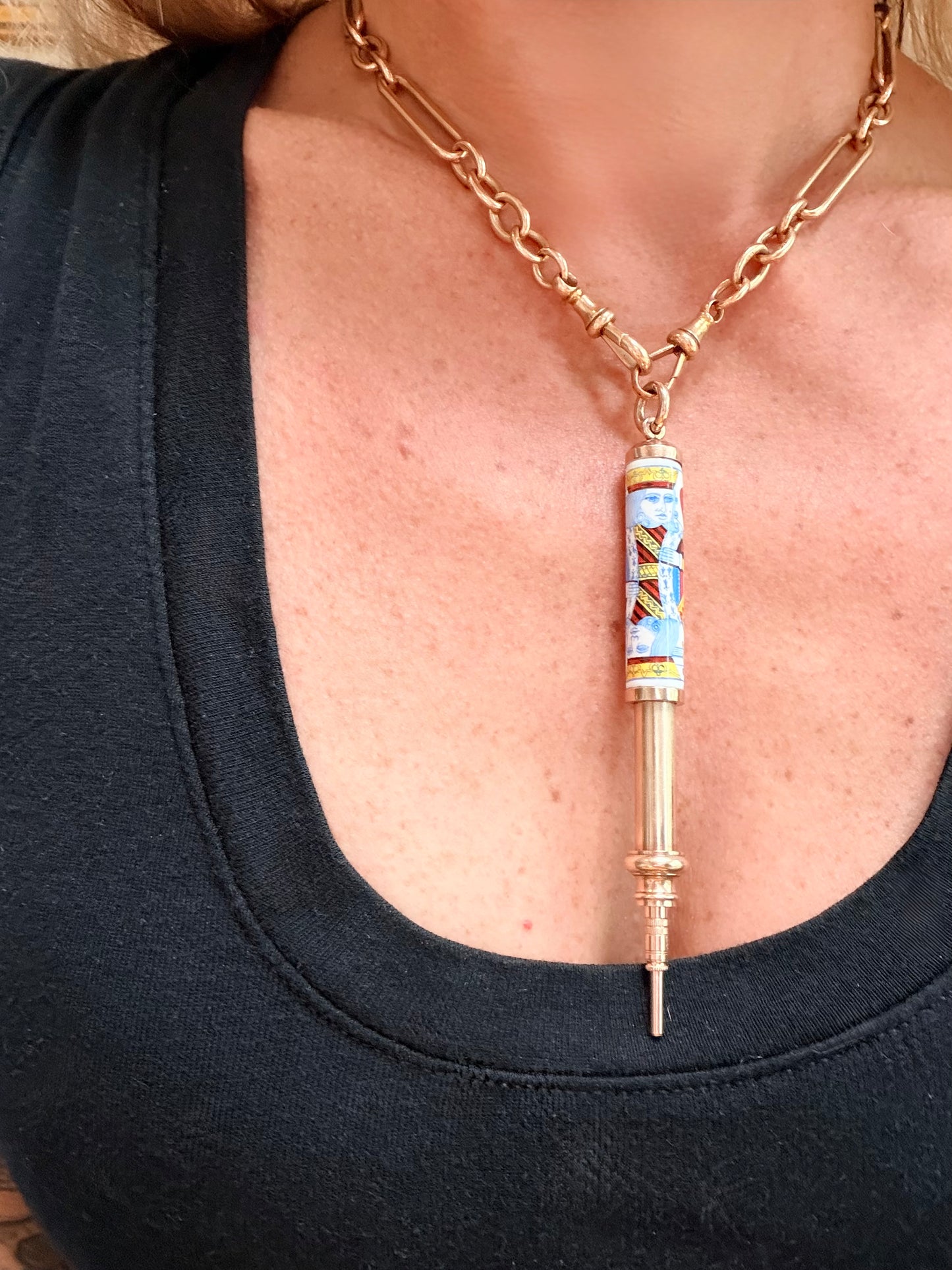 Mid-Century Gold & Enamel King of Hearts Pencil Pendant