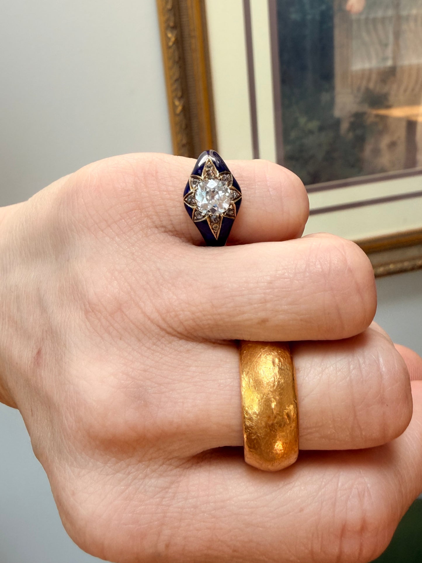 Antique Diamond and Blue Enamel Star Ring