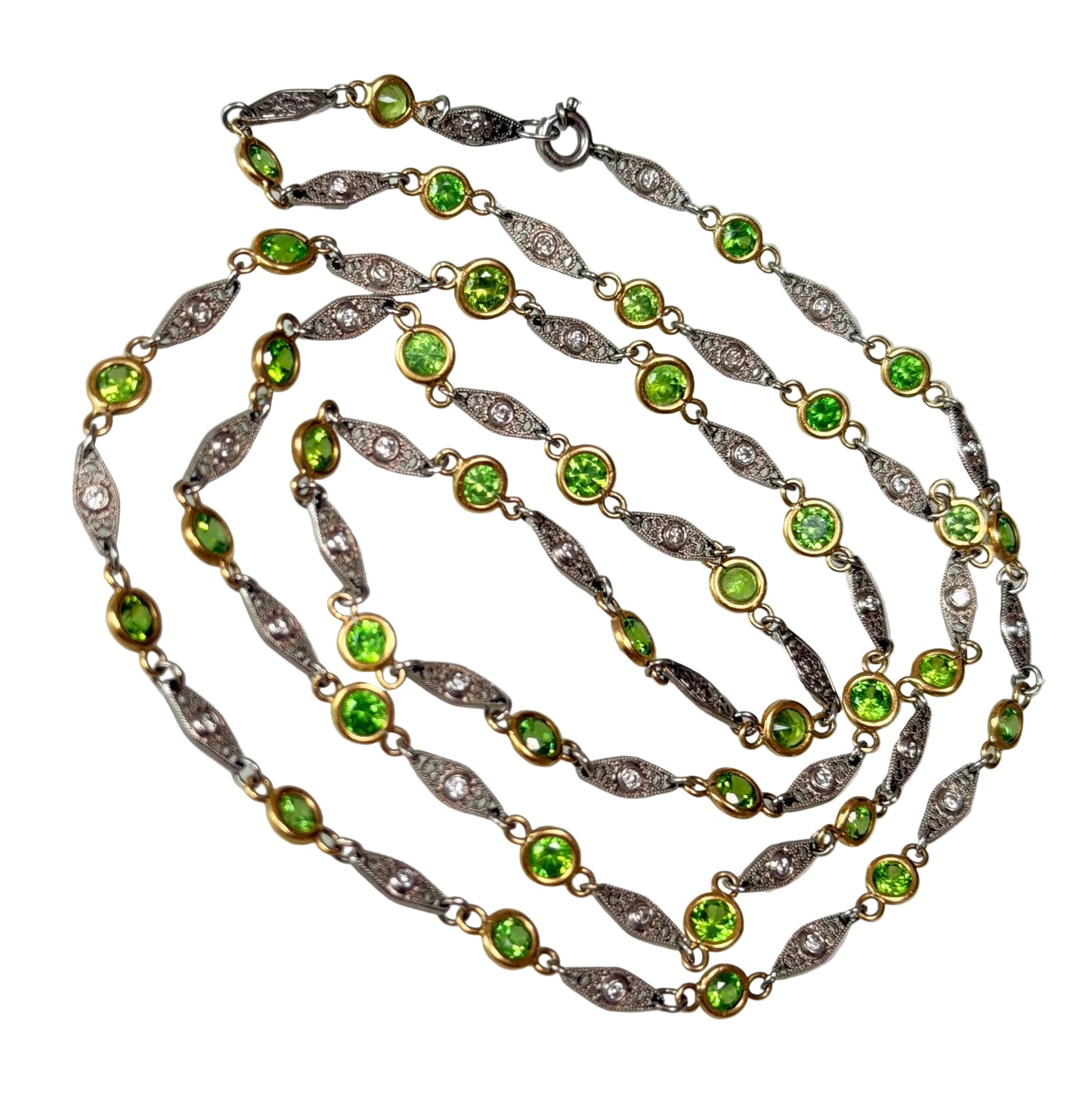 Vintage Demantoid Garnet and Diamond Station Link Necklace