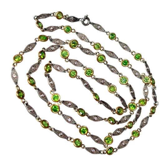Vintage Demantoid Garnet and Diamond Station Link Necklace