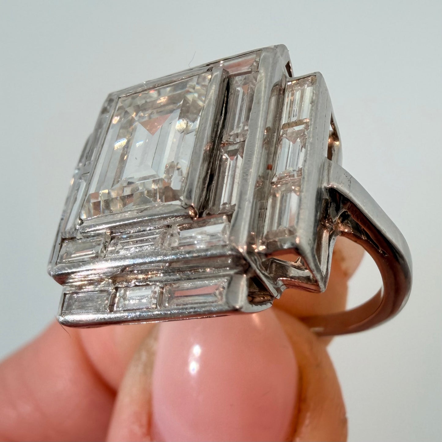 Late Art Deco Emerald Cut Diamond Cocktail Ring