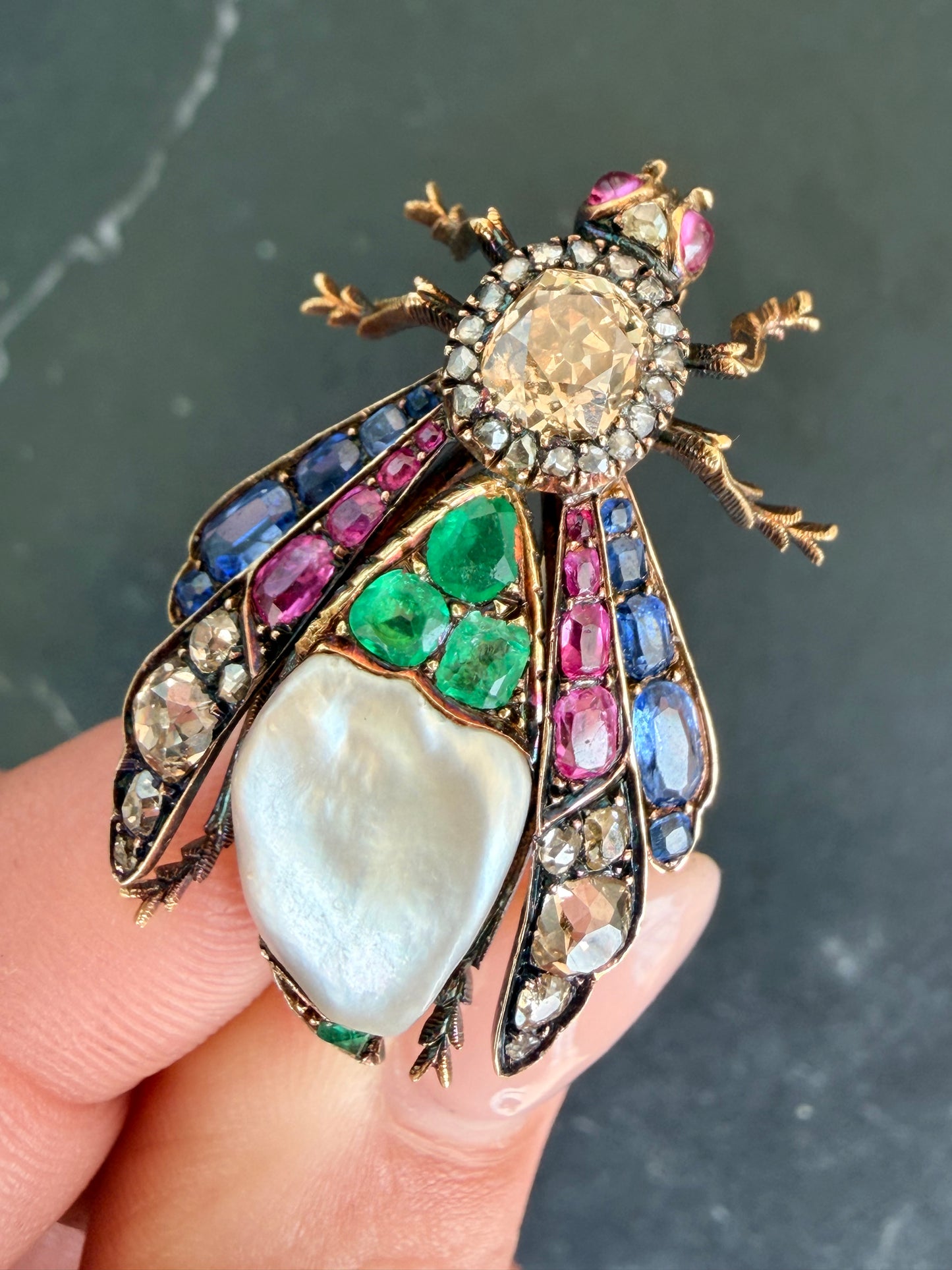 Victorian Natural Pearl and Gemset Bug Brooch