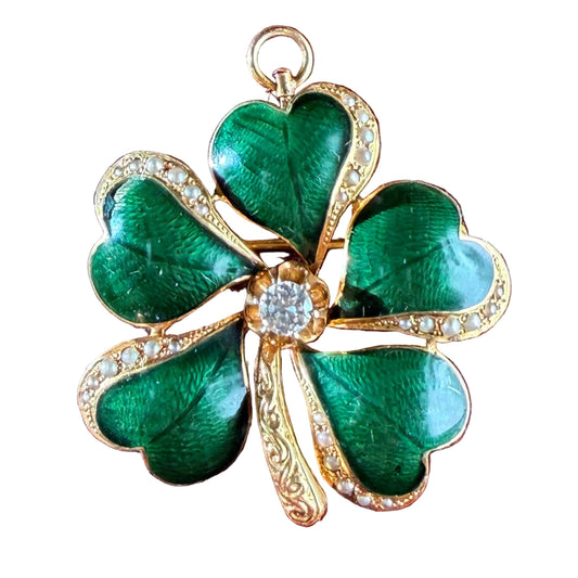 Victorian Green Enamel Five Leaf Clover Diamond Pendant Brooch