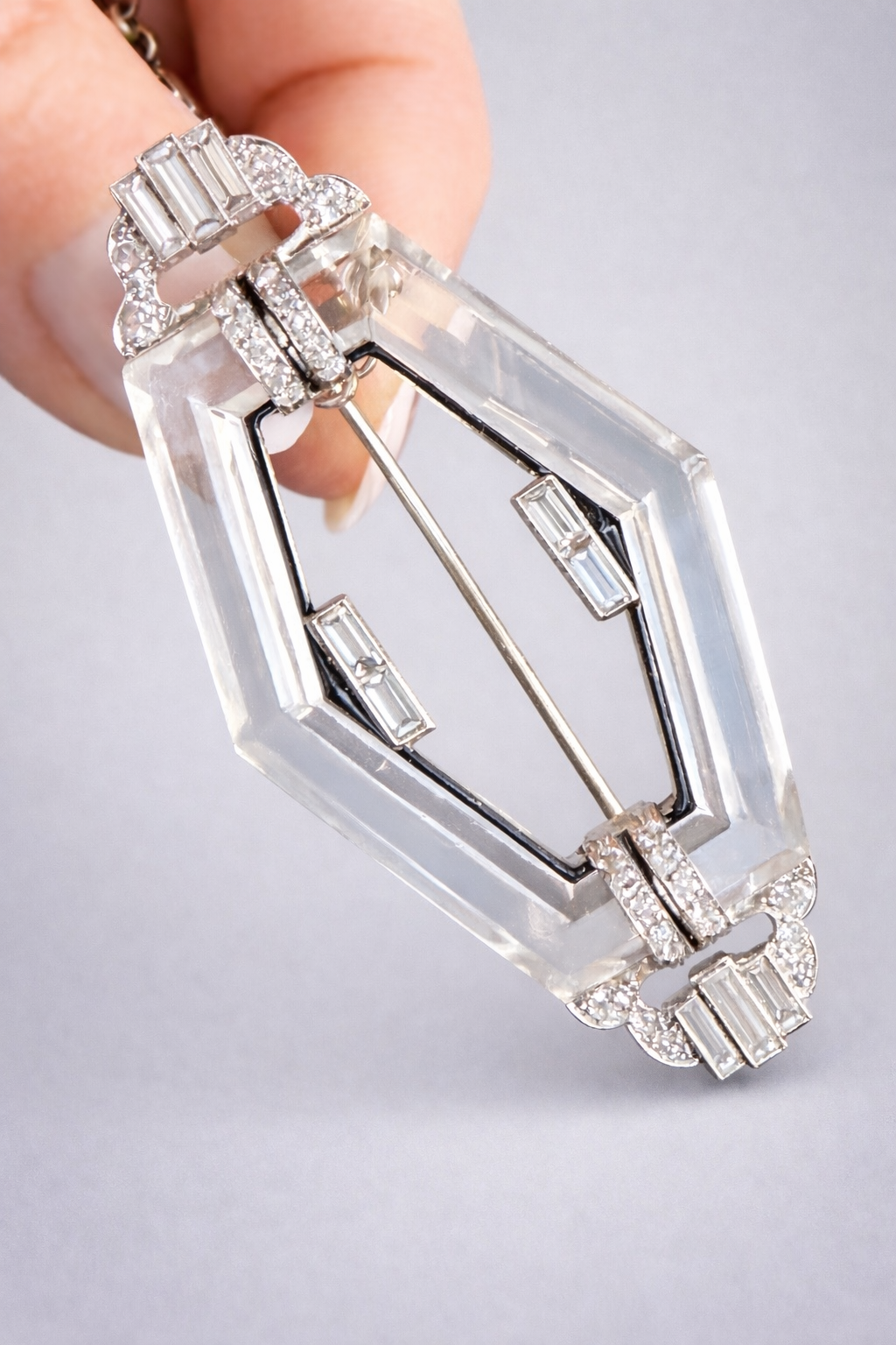 Art Deco Rock Crystal, Diamond & Onyx Brooch