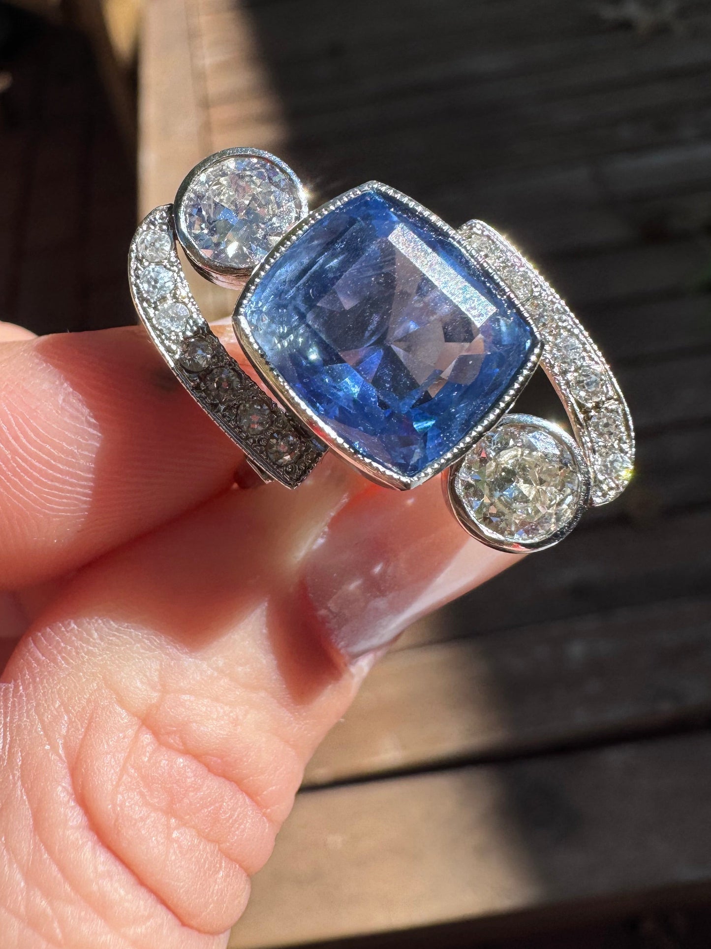 Art Deco Unheated Ceylon Sapphire and Diamond Cocktail Ring