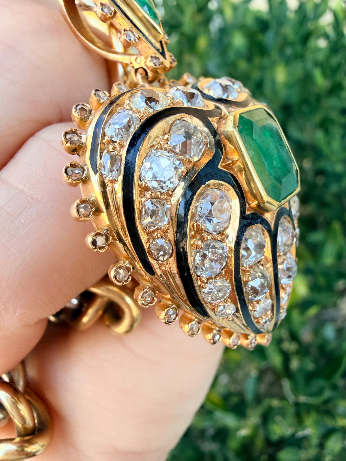 Antique Emerald, Diamond and Enamel Heart Pendant