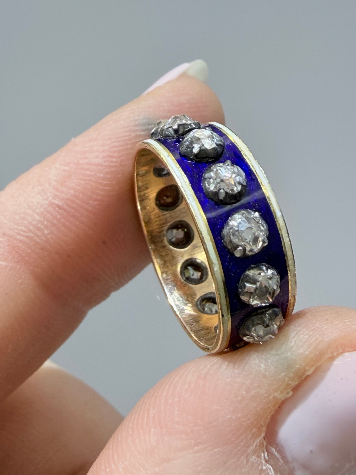 Antique Old Mine Cut and Peruzzi Cut Enamel Band