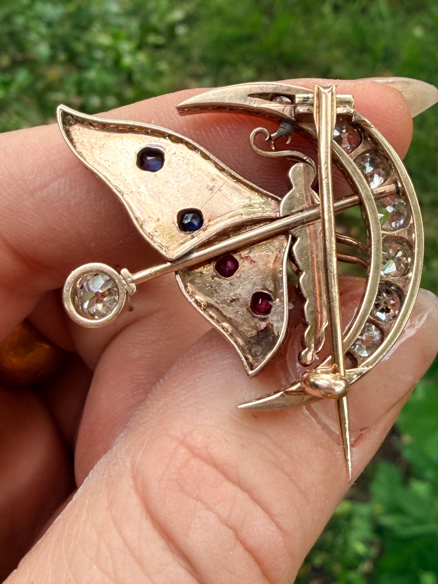 Victorian Butterfly Crescent Diamond and Gemstone Brooch