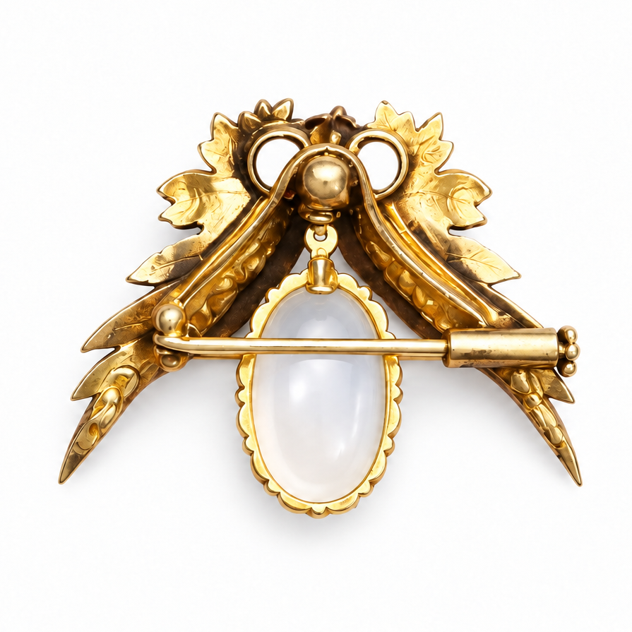 Antique Moonstone Diamond and Ruby Winged Brooch