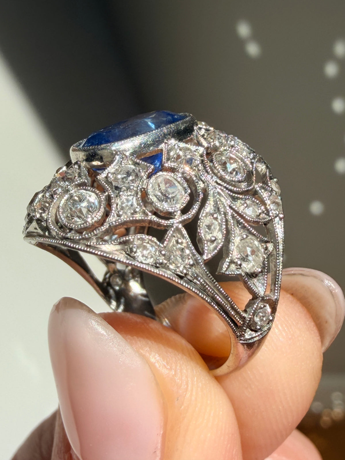 Antique Ceylon Sapphire and Diamond Cluster Ring