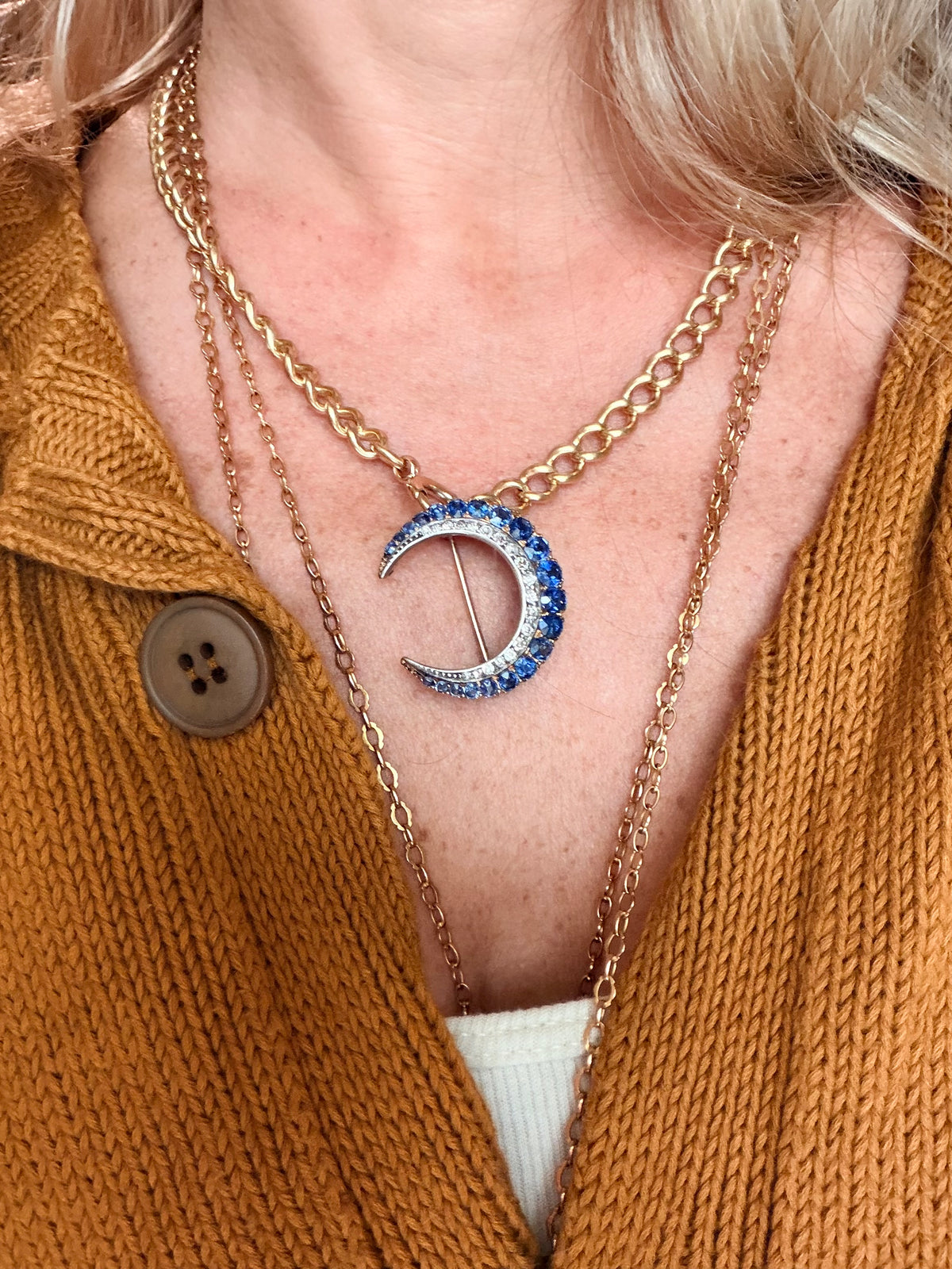 Antique Sapphire and Diamond Crescent Brooch