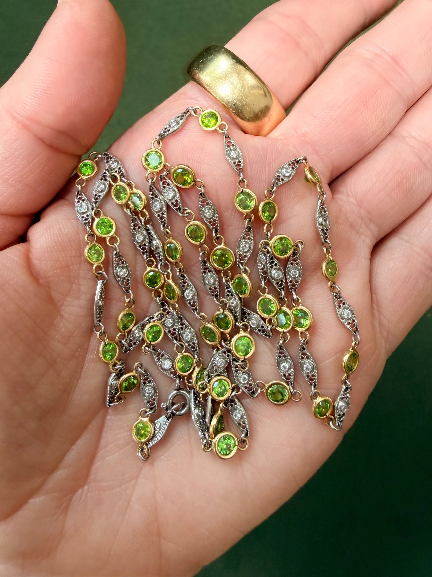 Vintage Demantoid Garnet and Diamond Station Link Necklace