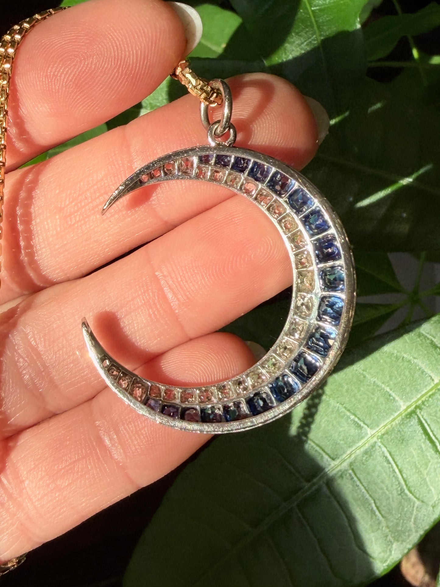 Edwardian Sapphire and Diamond Crescent Moon Pendant
