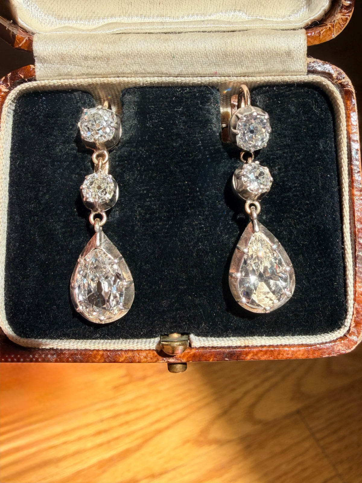 Antique Pear Cut and Old Mine Cut Diamond Drop Earrings