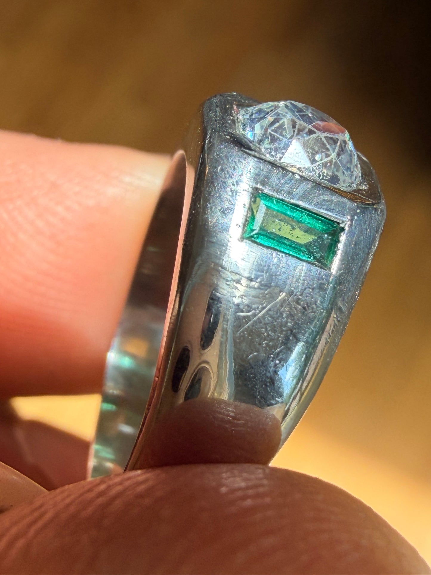 Art Deco Old Mine Cut Diamond and Emerald Ring