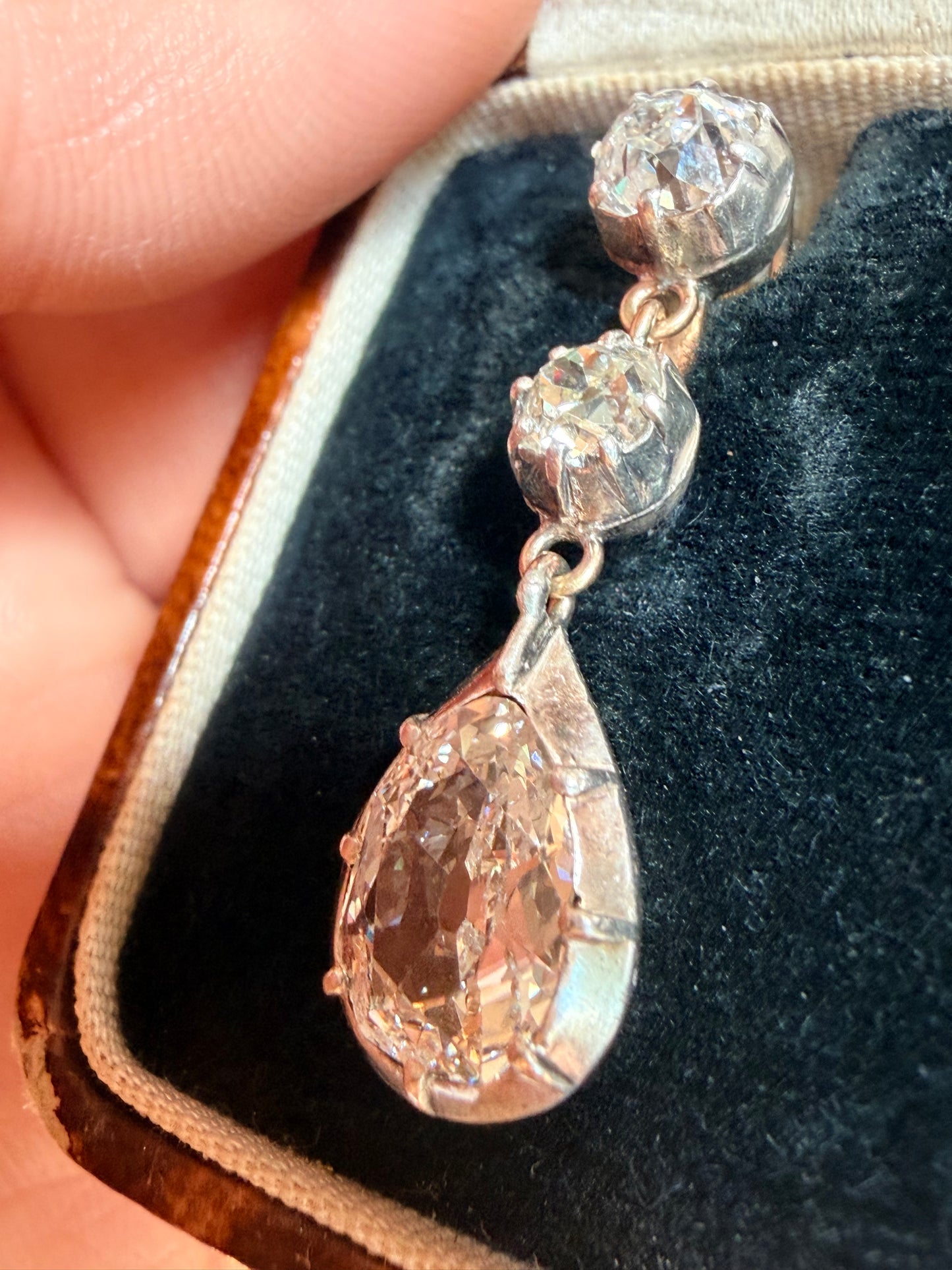 Antique Pear Cut and Old Mine Cut Diamond Drop Earrings