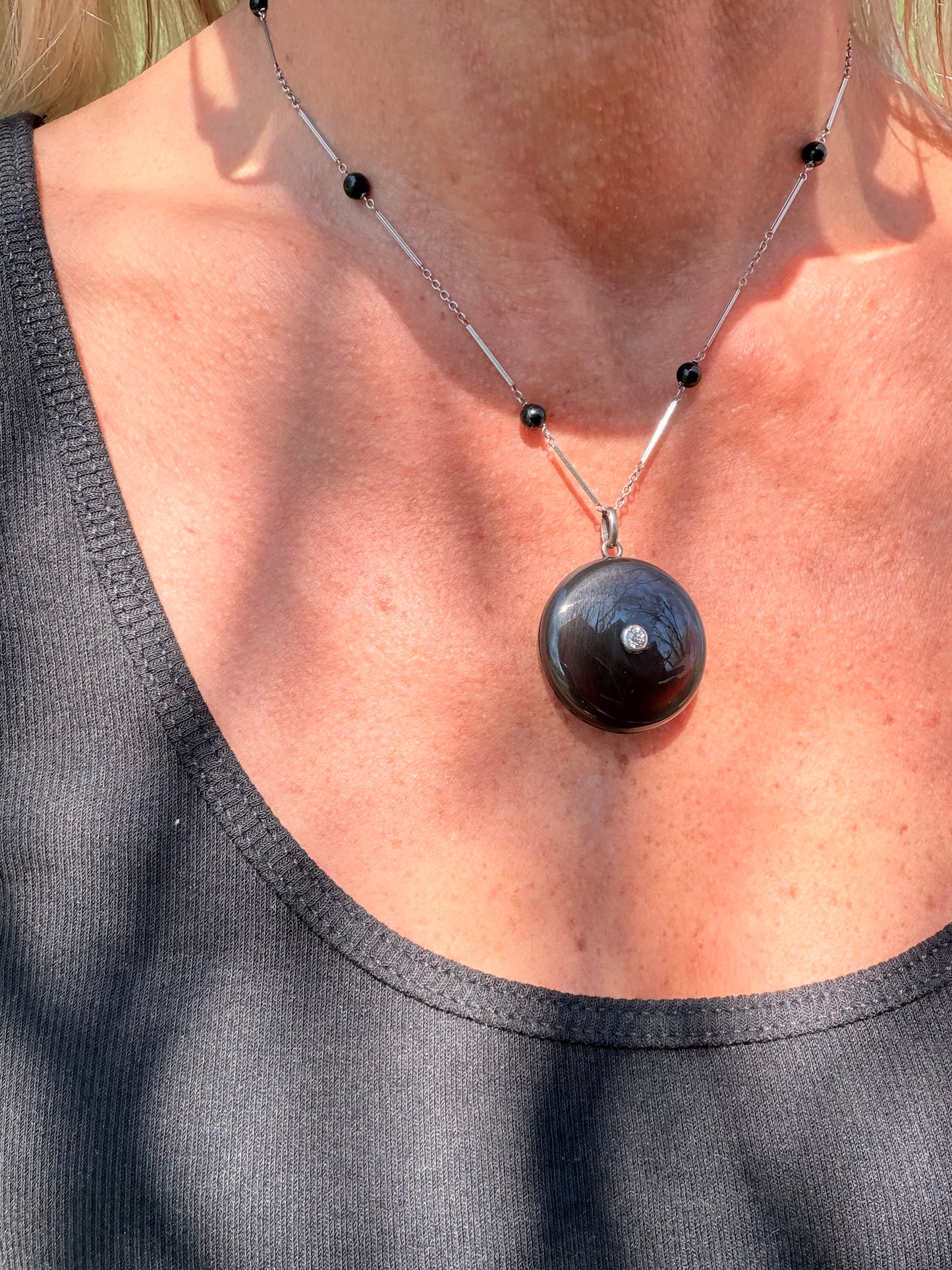Art Deco Onyx, Old Cut Diamond Locket with Chain