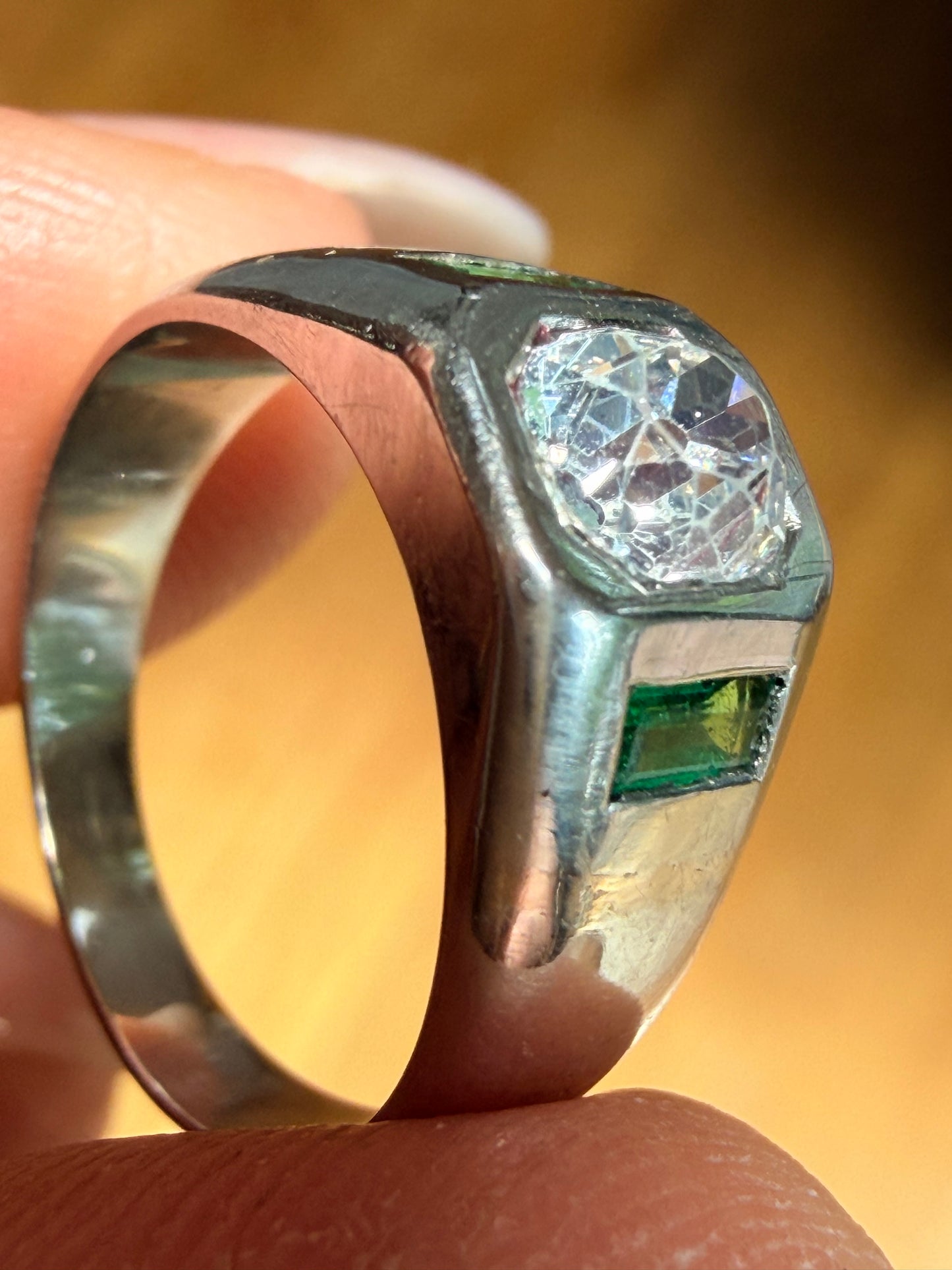 Art Deco Old Mine Cut Diamond and Emerald Ring