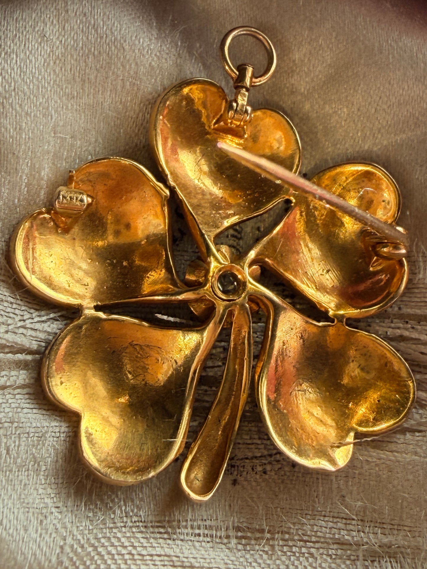 Victorian Green Enamel Five Leaf Clover Diamond Pendant Brooch