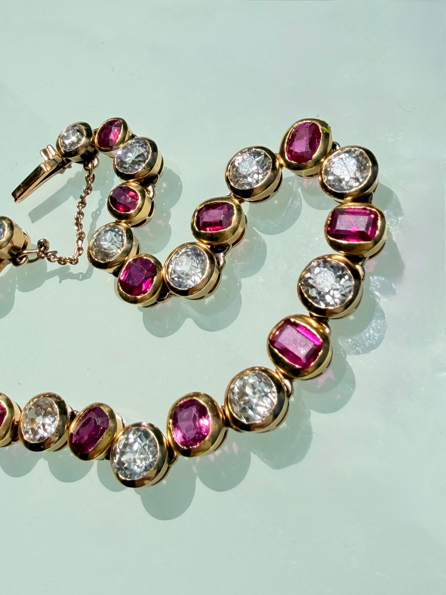 Antique Burmese No Heat Ruby and Old Cut Diamond Alternating Bracelet
