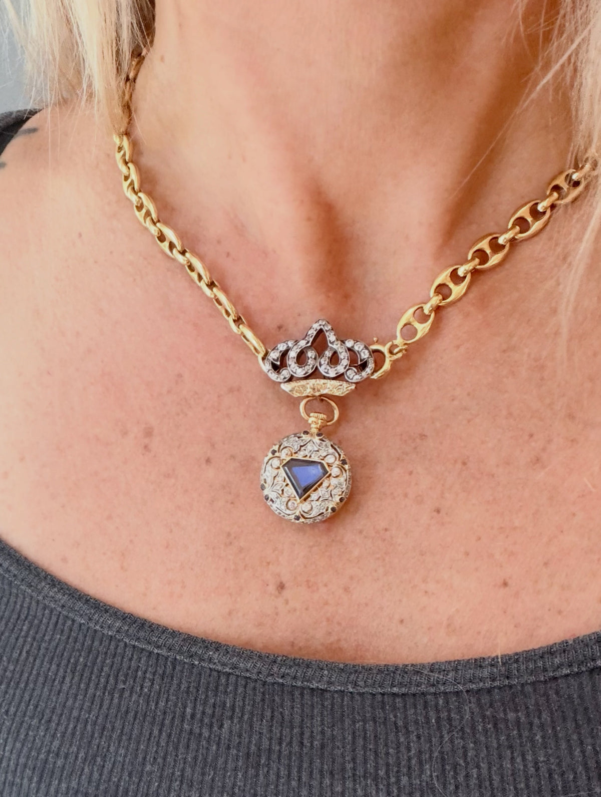Antique Tiffany and Co. Sapphire and Diamond Pocket Watch Brooch