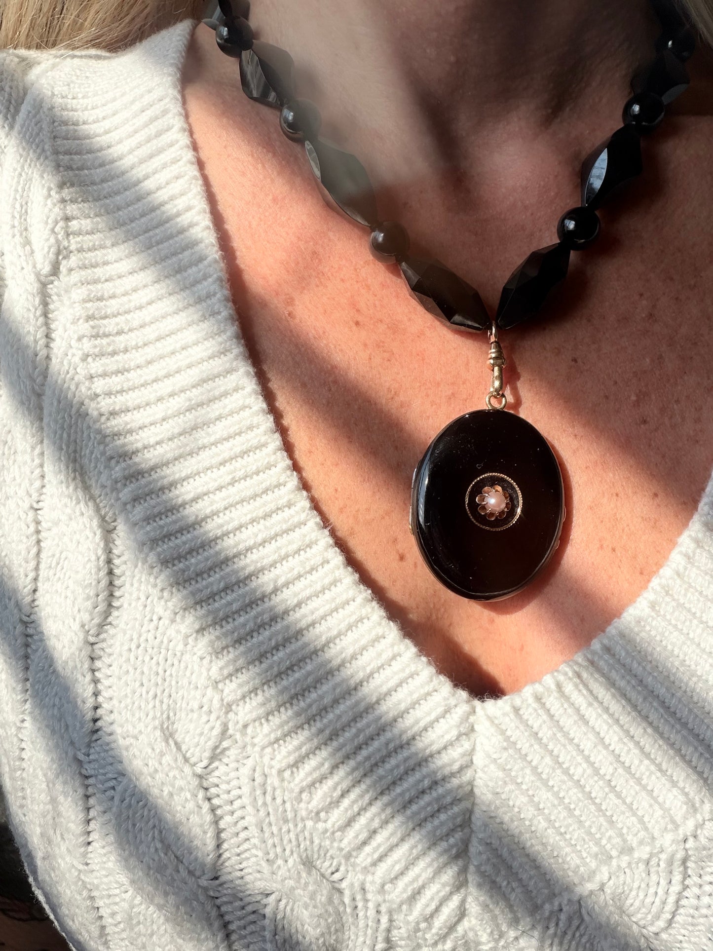Antique Onyx and Pearl Chunky Chain Locket