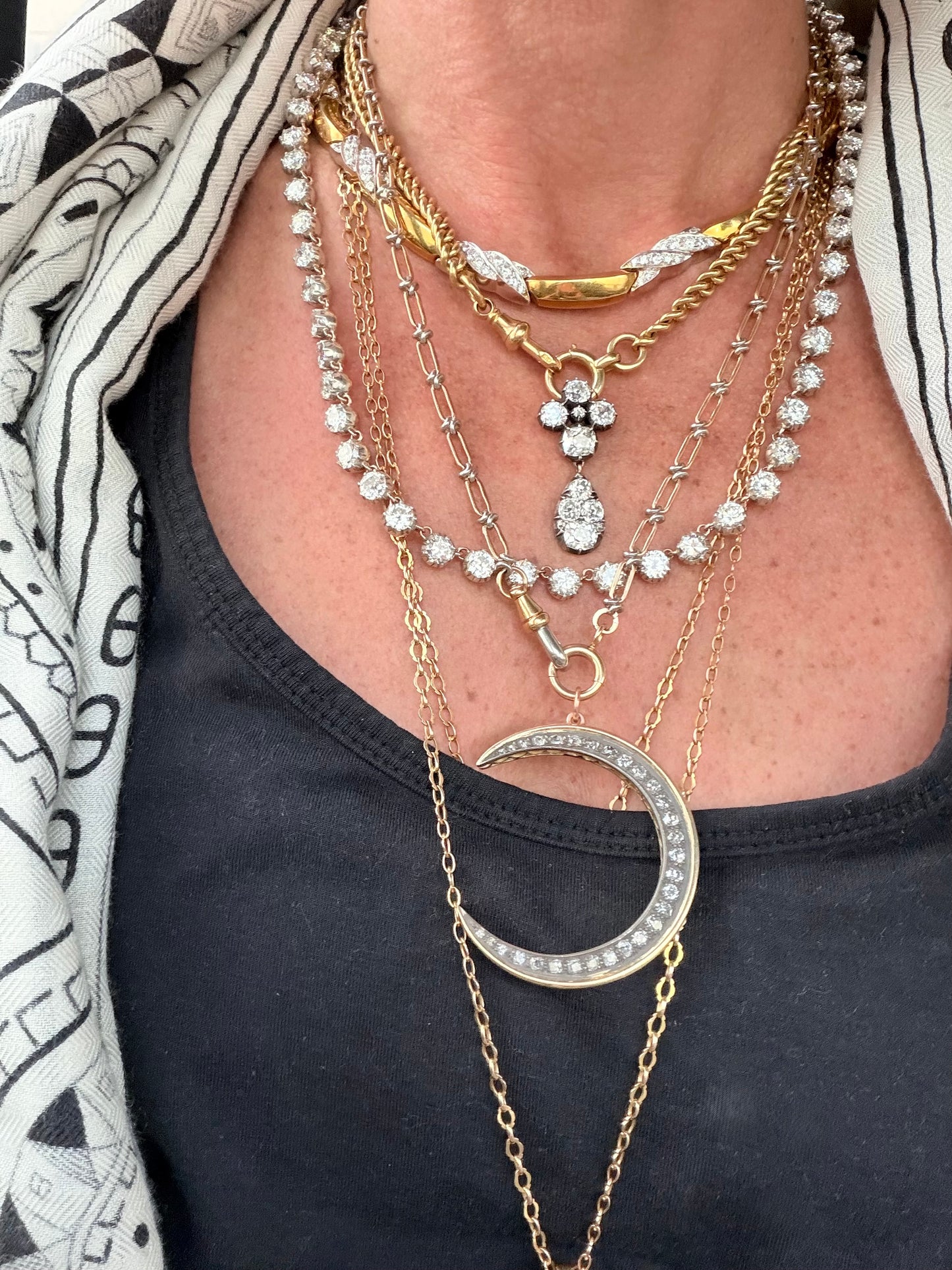 Antique Steel and Gold Diamond Crescent Pendant