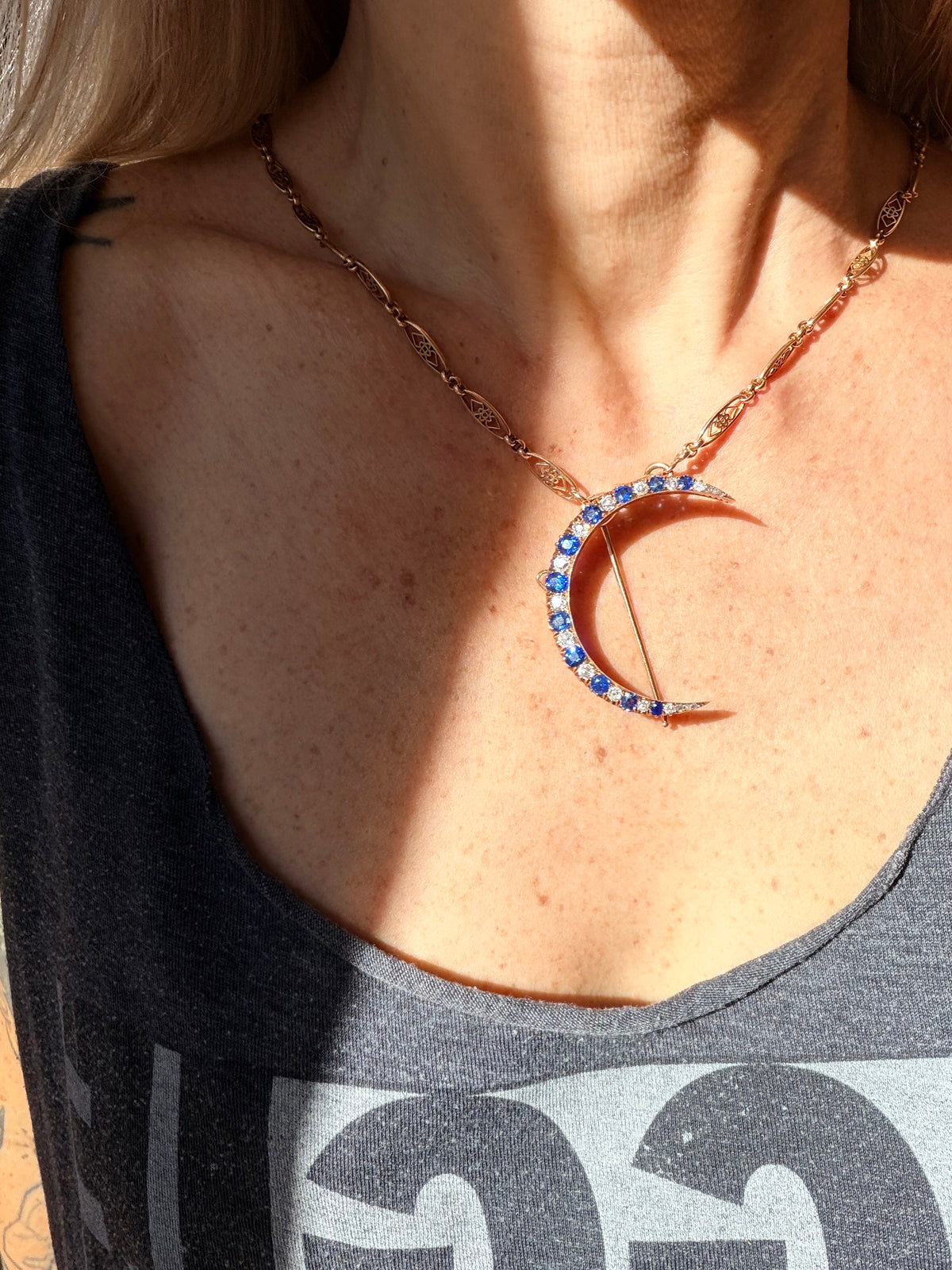 Antique Russian Sapphire and Diamond Crescent Brooch