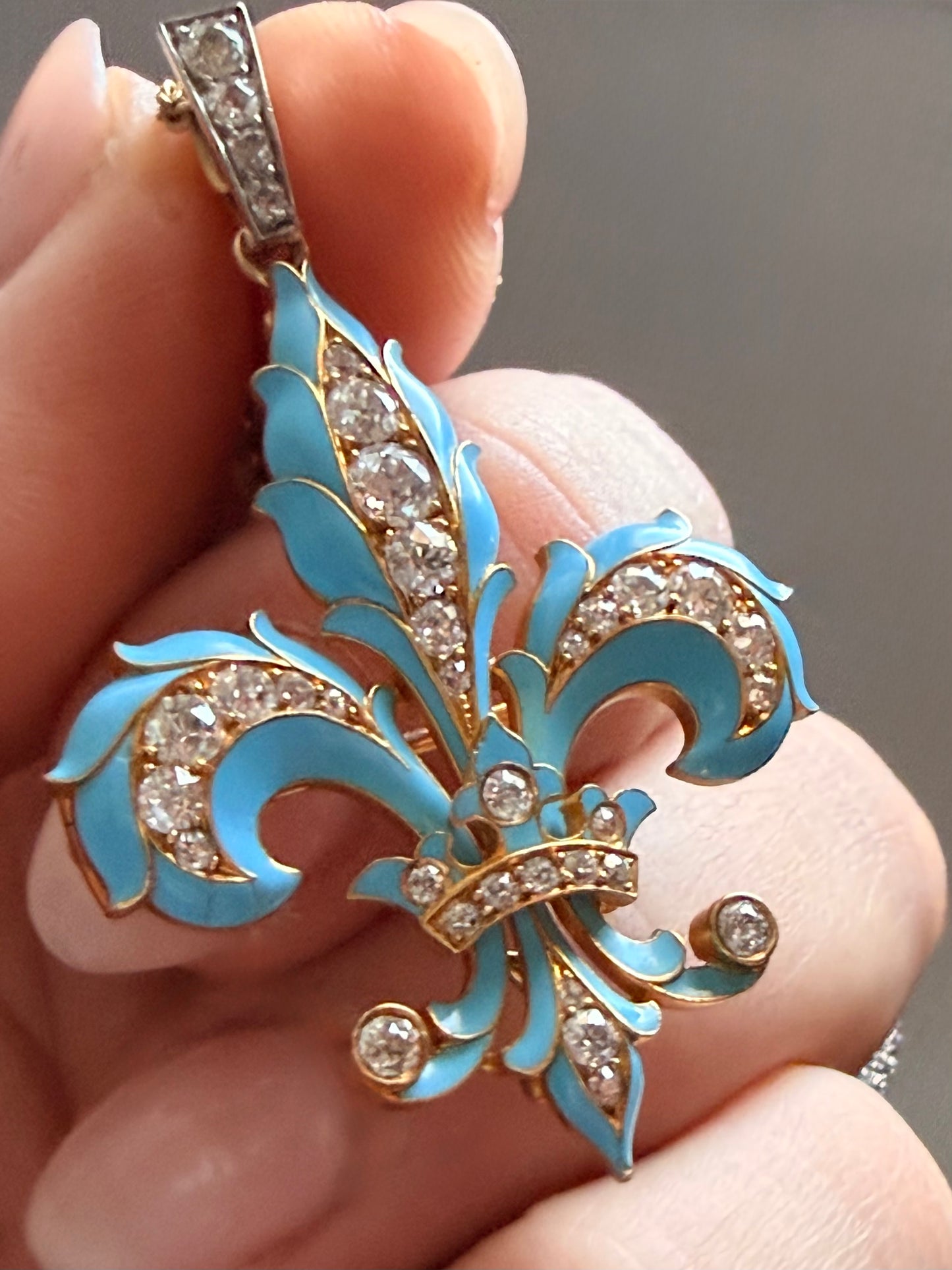 Victorian Enamel and Diamond Fleur-de-Lis Pendant Brooch