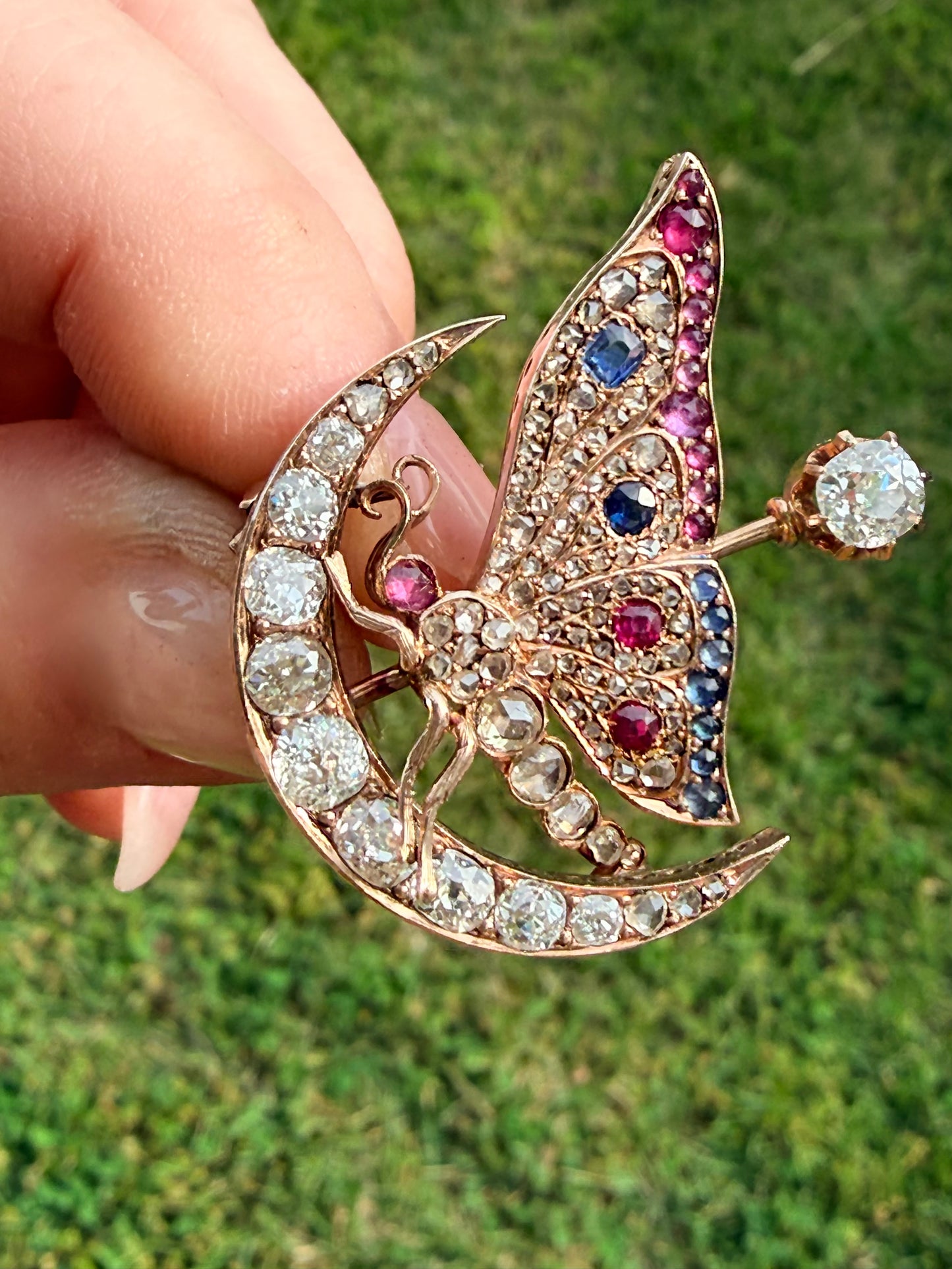 Victorian Butterfly Crescent Diamond and Gemstone Brooch