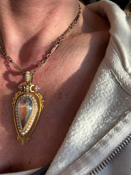 Victorian Aquamarine and Pearl Pear Shape Pendant
