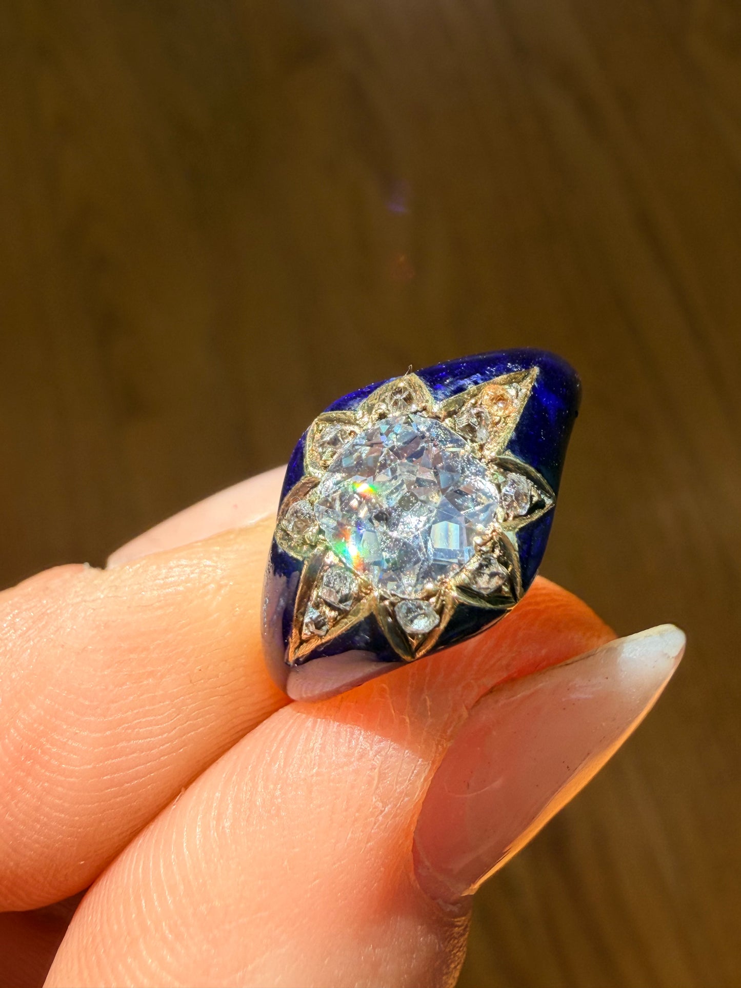 Antique Diamond and Blue Enamel Star Ring