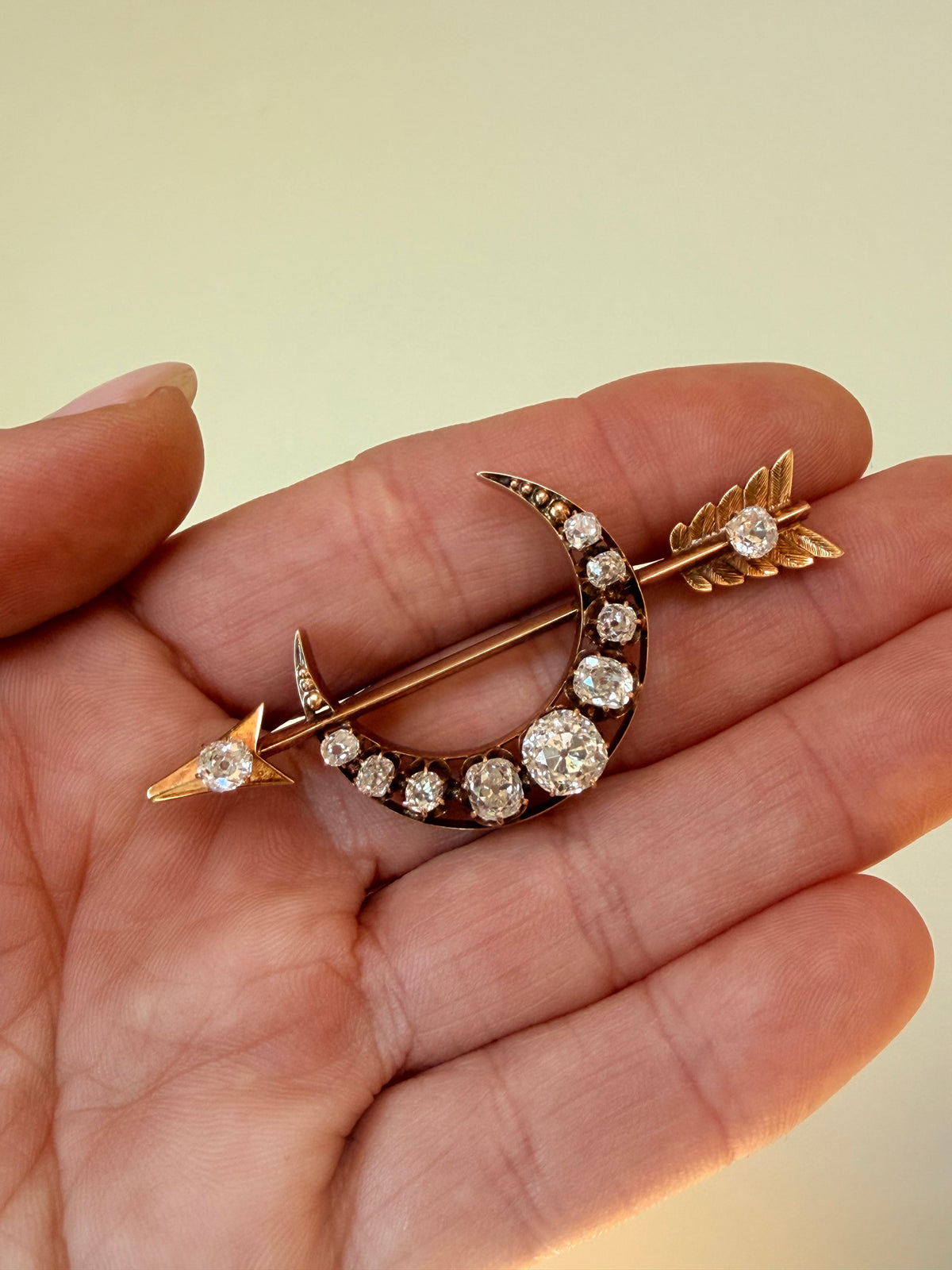 Antique Old Mine Cut Diamond Crescent & Arrow Brooch