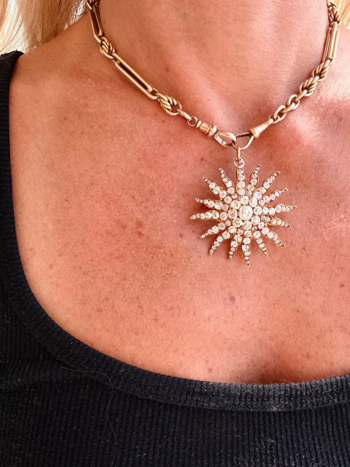 Antique Old Cut Diamond Sun Pendant Brooch