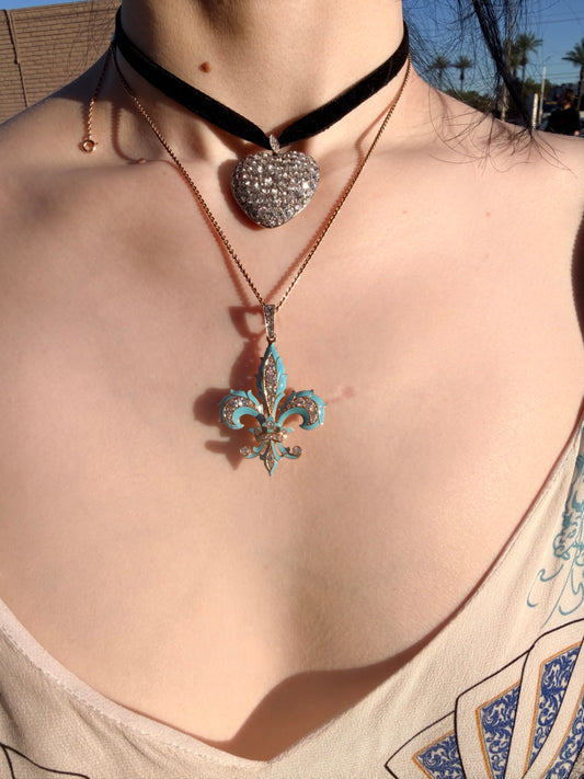 Victorian Enamel and Diamond Fleur-de-Lis Pendant Brooch