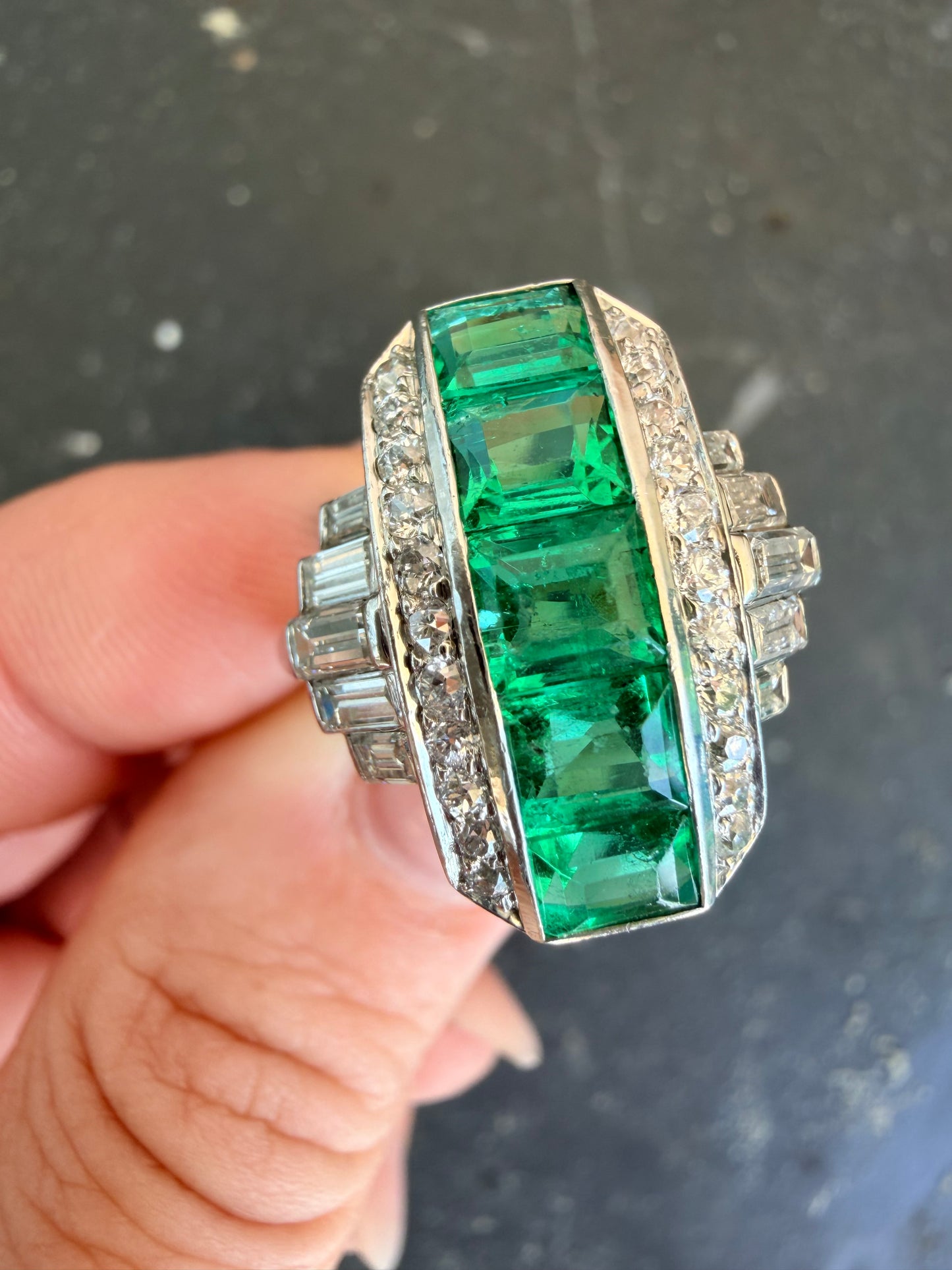 Art Deco Emerald and Diamond Platinum Dress Ring, circa 1920s