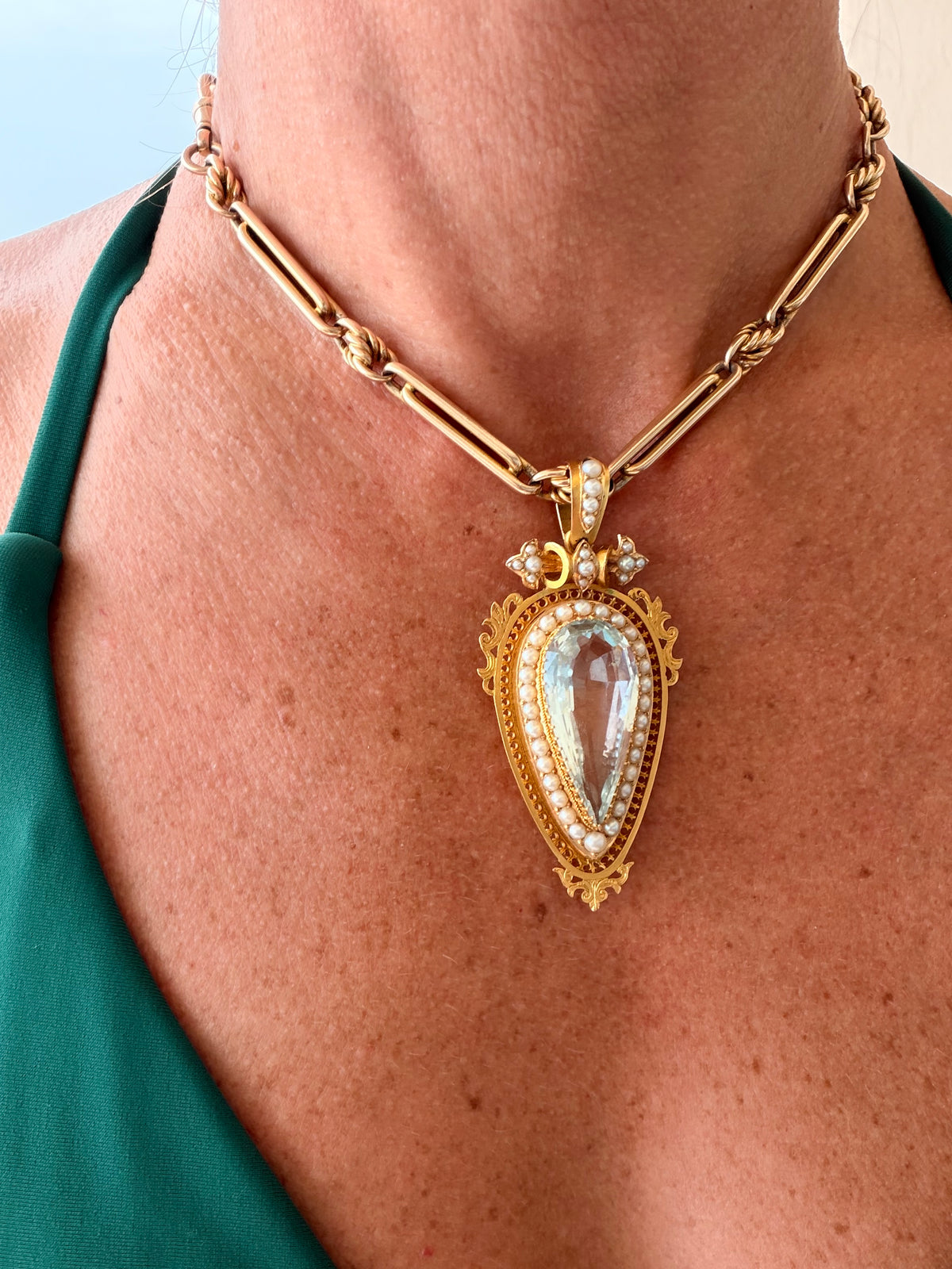 Victorian Aquamarine and Pearl Pear Shape Pendant