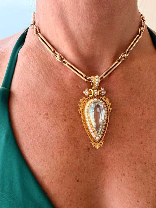 Victorian Aquamarine and Pearl Pear Shape Pendant