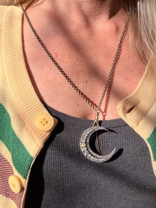 Victorian Old Cut Diamond Crescent Moon Brooch