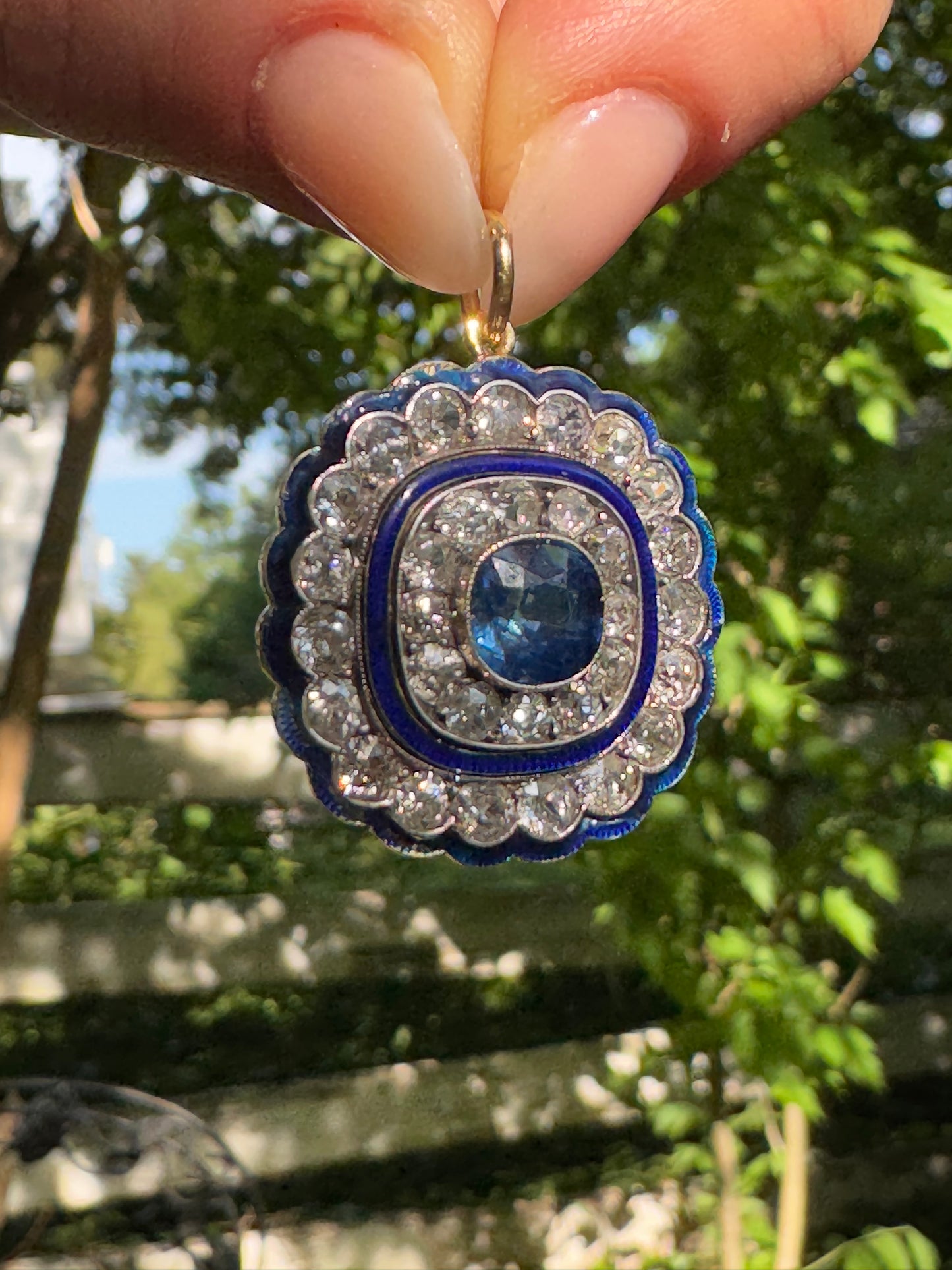 Art Deco Sapphire and Diamond Cluster Pendant