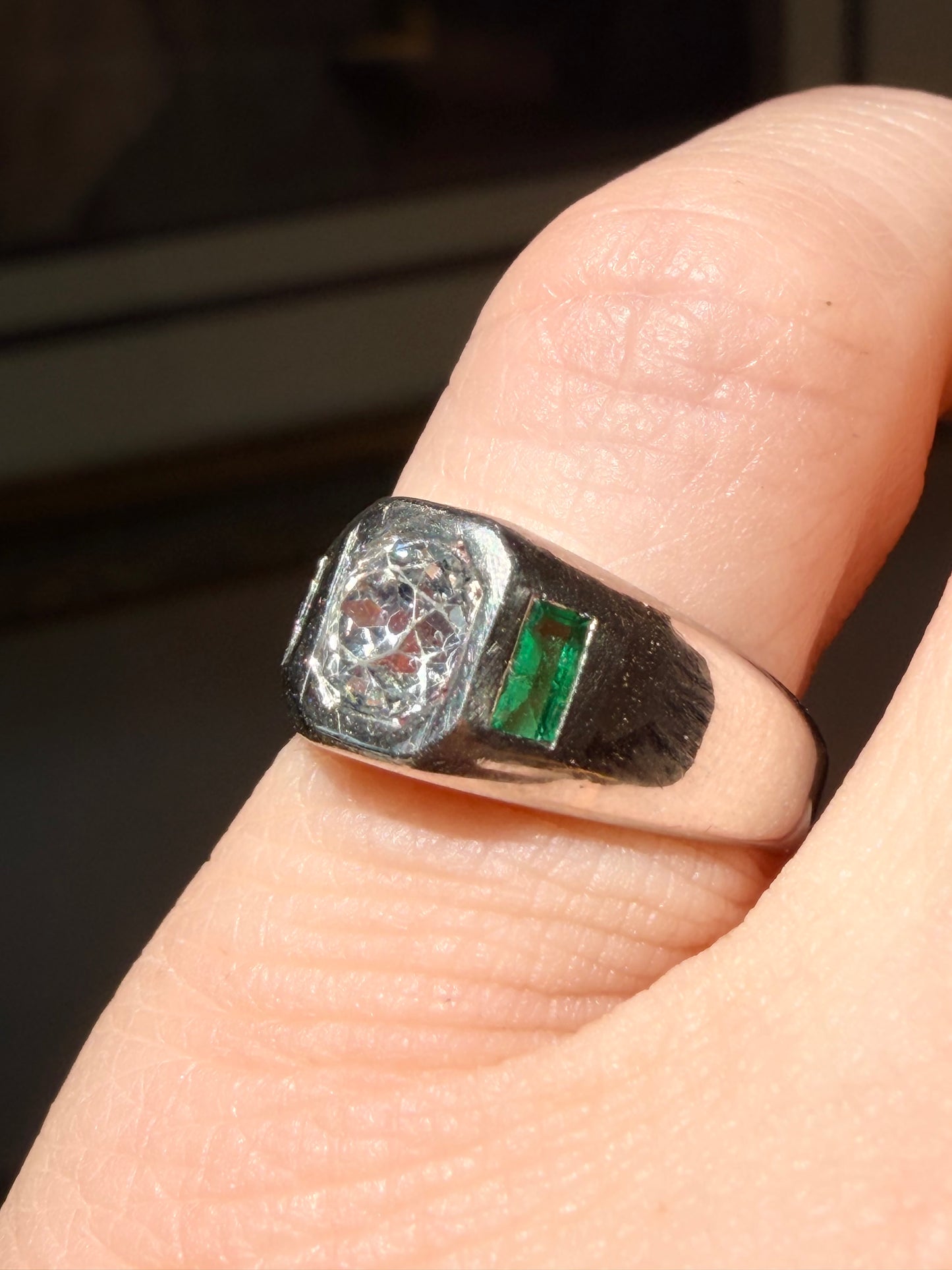 Art Deco Old Mine Cut Diamond and Emerald Ring